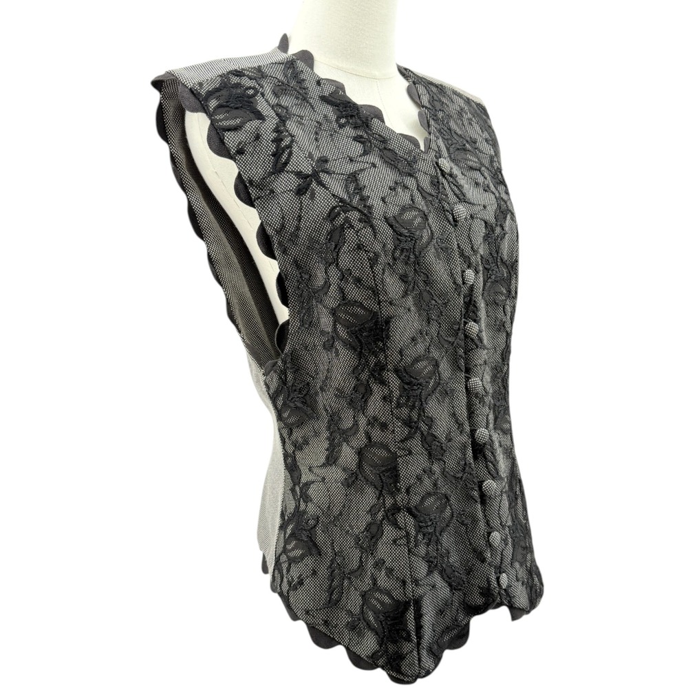 Vintage Jan Barboglio Women Vest Lace Overlay Black White Scalloped Top Size 10 - Picture 4 of 10
